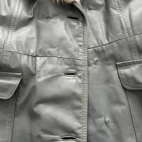 Women's Gray Leather Trench Coat with Real Fur Collar - Picture 3 of 9